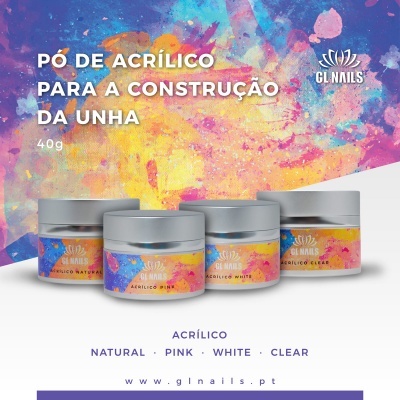 Quatro frascos de pó de acrílico para unhas com rótulos coloridos e fundo artístico colorido