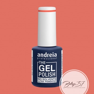 Frasco de verniz gel Andreia Professional The Gel Polish azul e branco em fundo laranja com selo Belezas 3F