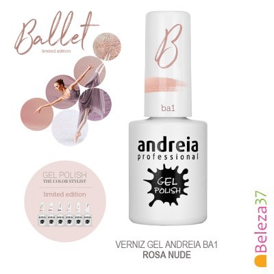 Frasco branco de verniz gel Andreia Professional com tampa branca e texto preto e rosa