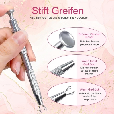 Ferramenta metálica prateada com garras e botão, texto em alemão