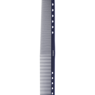 Pente azul escuro de plástico com dentes finos e largos e recortes laterais