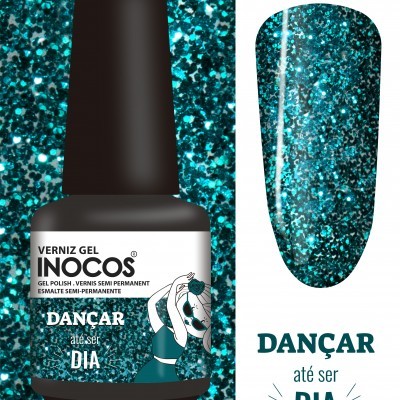 Frasco de verniz gel azul com glitter e rótulo DANÇAR até ser DIA