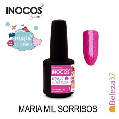 Esmalte gel INOCOS Maria Mil Sorrisos em frasco preto com rótulo rosa