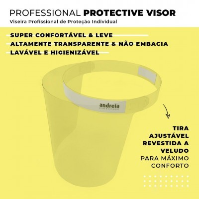 Viseira profissional de proteção individual amarela transparente com tira ajustável revestida a veludo.