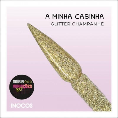 Amostra de verniz de unha glitter champanhe com texto e marca