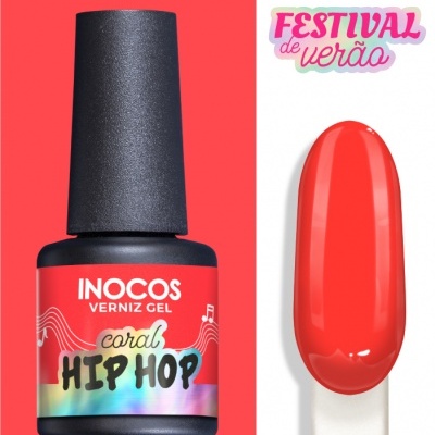 Frasco verniz gel INOCOS Hip Hop coral e amostra da cor coral
