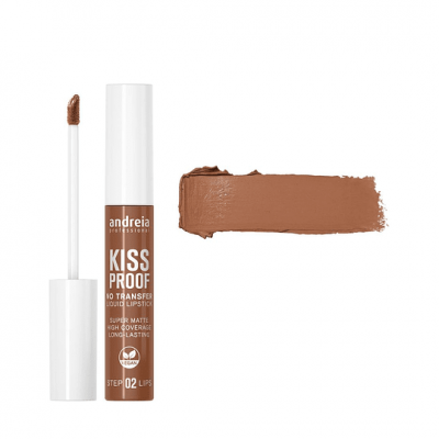 Batom líquido Andreia Professional Kiss Proof castanho com aplicador e amostra da cor