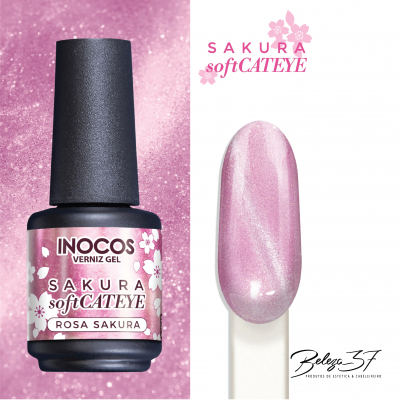 Verniz gel rosa Sakura softCAT EYE com efeito olho de gato e embalagem preta.