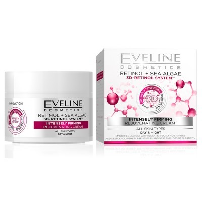 Creme rejuvenescedor firmador Eveline Cosmetics Retinol + Sea Algae embalagem branca com rosa