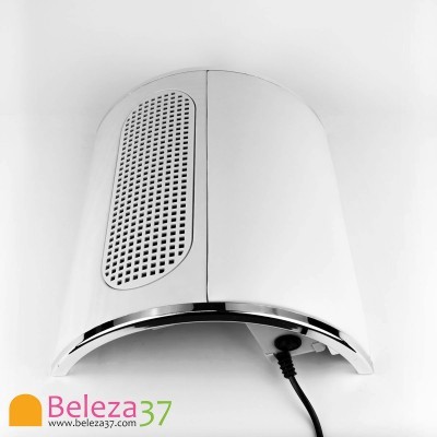 Dispositivo elétrico branco com detalhes cromados e ventilação perfurada