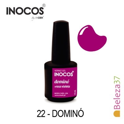 Verniz gel Inocos Dominó cor rosa violeta em frasco preto.