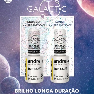 Dois vernizes gel Andreia Professional Top Coat em fundo espacial com texto promocional