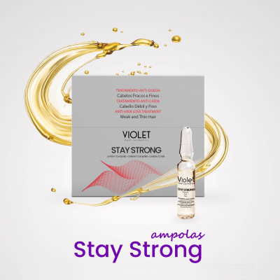 Embalagem cinza e ampolinha do tratamento capilar Violet Stay Strong com fundo branco e líquido dourado