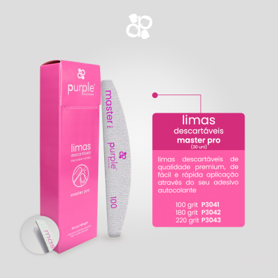 Embalagem rosa e lima para unhas descartável roxa com texto master pro e números grit