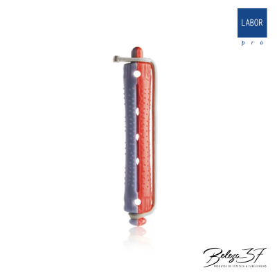 Rolo de cabelo vermelho e azul com suporte metálico sobre fundo branco, com logotipo LABOR pro e assinatura Belege3F