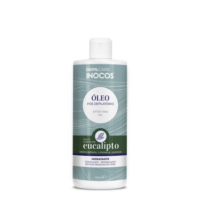 Frasco de óleo pós depilatório da DEPILCARE INOCOS com rótulo verde e branco
