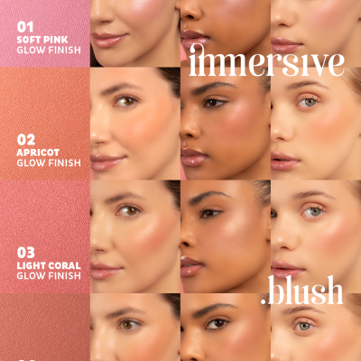 Multiplas mulheres com diferentes tons de pele usando blush em quatro tons da marca andreia professional