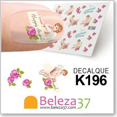 Decalque para unhas com anjinho, flores e texto 'Happy Angel'