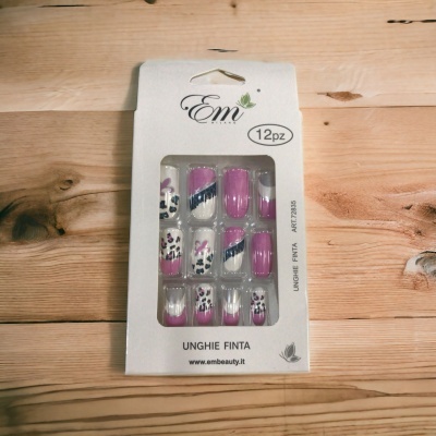 Pack de unhas postiças com padrão de oncinha rosa e branco em cartão branco