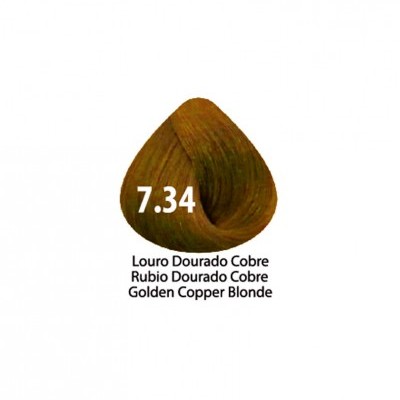 Amostra de cor de cabelo louro dourado cobre 7.34