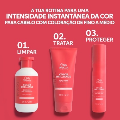 Três produtos Wella Color Brilliance vermelho e branco para cabelo, com texto instrucional em fundo vermelho.