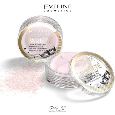 Pó solto translúcido Eveline Cosmetics VARIÉTÉ em recipientes redondos com tampa dourada e pó rosa claro visível