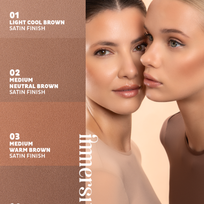 Anúncio de bronzer com quatro tons castanhos e duas modelos de pele clara e média