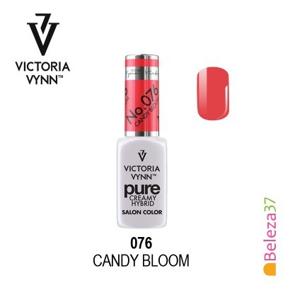 Esmalte Victoria Vynn 076 Candy Bloom, frasco branco com tampa vermelha e amostra da cor vermelho coral