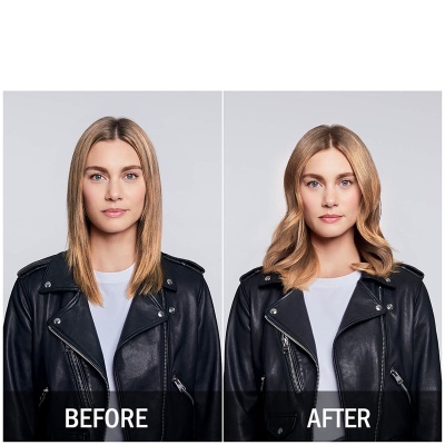 Antes e depois de mulher com casaco preto de couro e cabelo loiro, liso à esquerda (BEFORE) e ondulado à direita (AFTER)