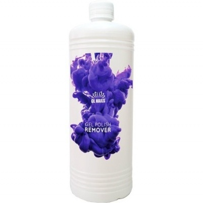 Frasco branco com rótulo e tinta roxa indicando removedor de verniz gel