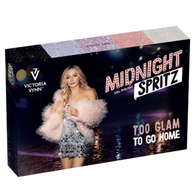 Embalagem de verniz gel Midnight Spritz com imagem de mulher e texto promocional
