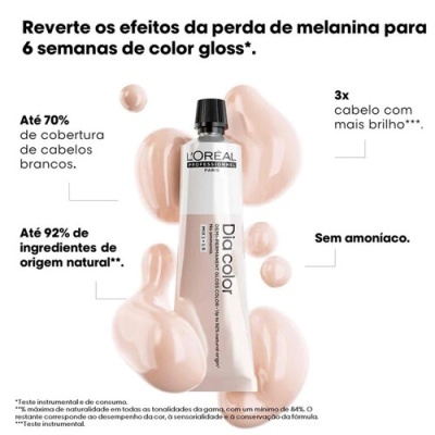 Tubo creme cabelo L'Oréal Dia Color com texto promocional em fundo branco