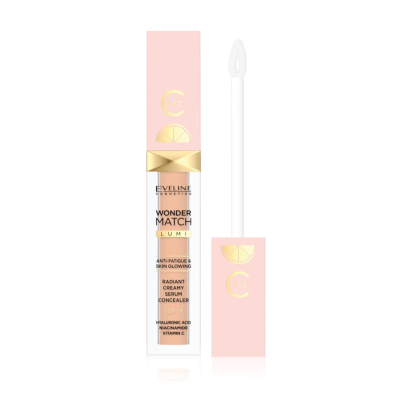 Concealer líquido Eveline Cosmetics Wonder Match Lumi em tubo transparente com tampa rosa