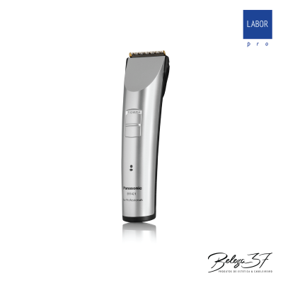 Máquina de cortar cabelo Panasonic prata com lâminas douradas e botão branco