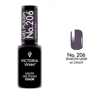 Verniz gel Victoria Vynn No. 206 Shadow Land com amostra da cor roxa.