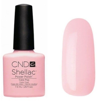 Verniz para unhas CND Shellac rosa claro com tampa preta e amostra de cor