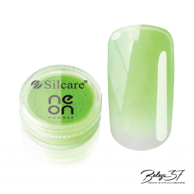 Pó verde néon para unhas Silcare com amostra de aplicação