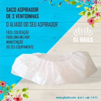 Saco aspirador branco com elástico, texto e logotipo GL NAILS sobre fundo azul e branco com flores