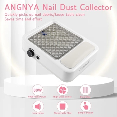 Aspirador de pó para unhas branco com grelha metálica e botão preto