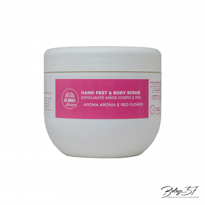 Esfoliante para mãos, corpo e pés em embalagem branca com rótulo rosa