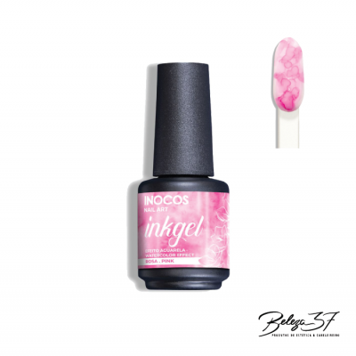 Frasco de verniz de unhas rosa Inocos Inkgel com amostra da cor e logótipo Beleza 37