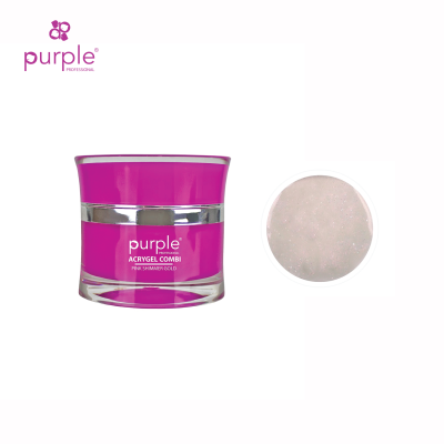 Frasco roxo de gel acrílico Pink Shimmer Gold com textura brilhante à direita