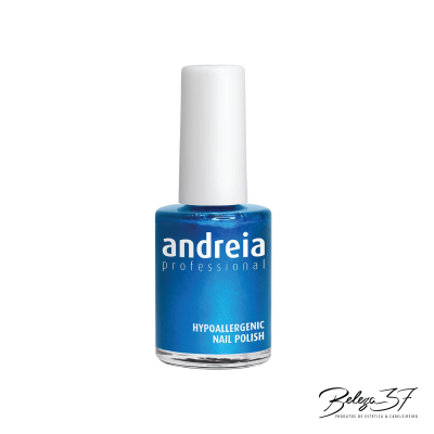 Frasco de verniz azul metálico Andreia Professional com tampa branca.