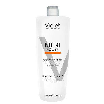 Frasco branco de champô Nutri Power da Violet Hair Cosmetics