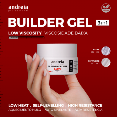Frasco branco de gel construtor para unhas da andreia professional em fundo vermelho.