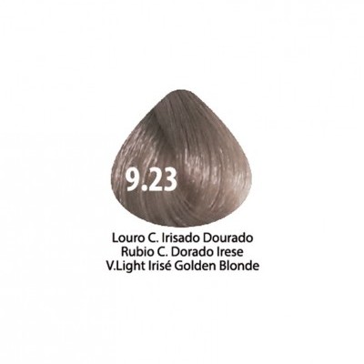 Amostra de cabelo louro claro irisado dourado com número 9.23