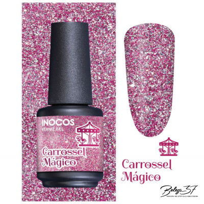 Verniz gel INOCOS Carrossel Mágico glitter rosa e prateado com amostra aplicada