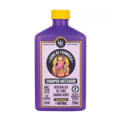 Frasco roxo com tampa amarela de shampoo matizador Lola com imagem de mulher loira e texto em português