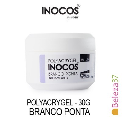 Frasco branco de Polyacrygel INOCOS com rótulo branco e texto preto