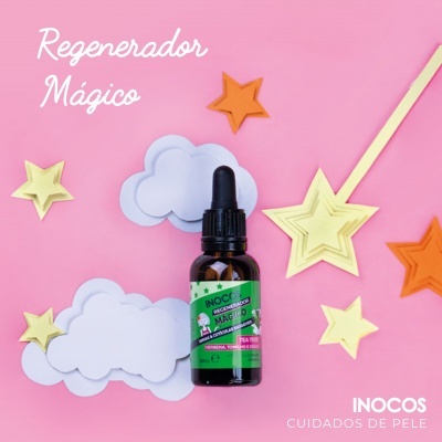 Frasco com conta-gotas em fundo rosa com nuvens e estrelas de papel